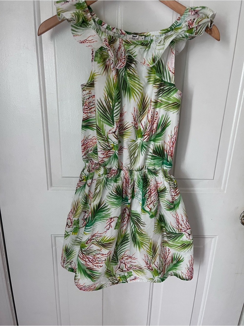 Cyrillus White Dress with Green Palm Print